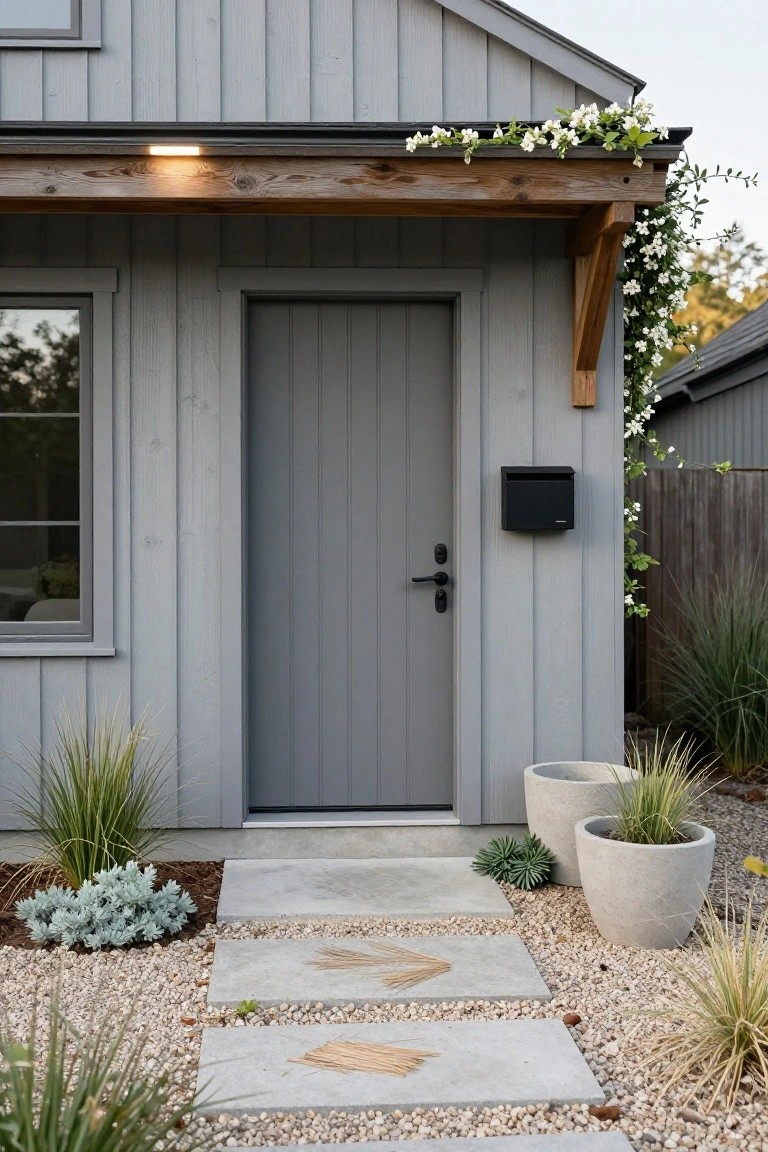 Gray board-and-batten sided cottage exterior featuring a dark paneled front door under a wooden porch overhang with white flowering vines, concrete paver path edged in gravel and drought-tolerant grasses and succulents.