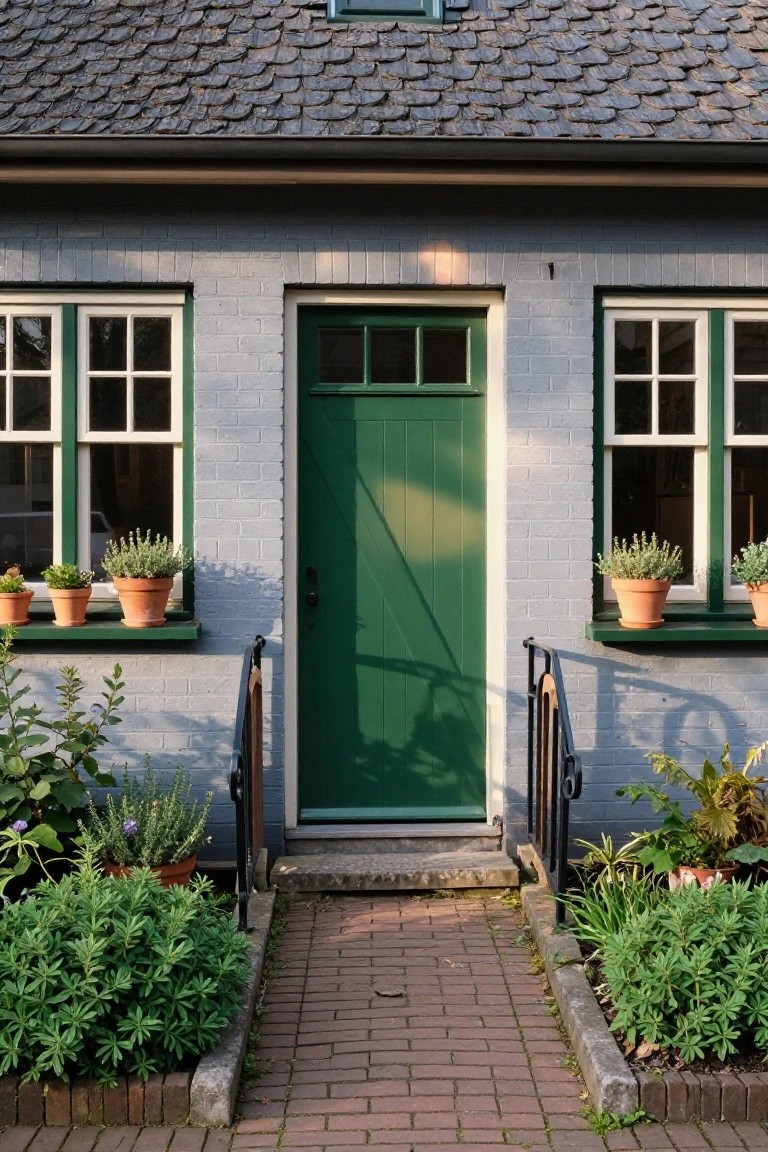 Gray cottage exterior with centered green front door, flanked by two white-framed windows holding potted herbs on green sills, low shrubs along the brick path leading to black metal railings.