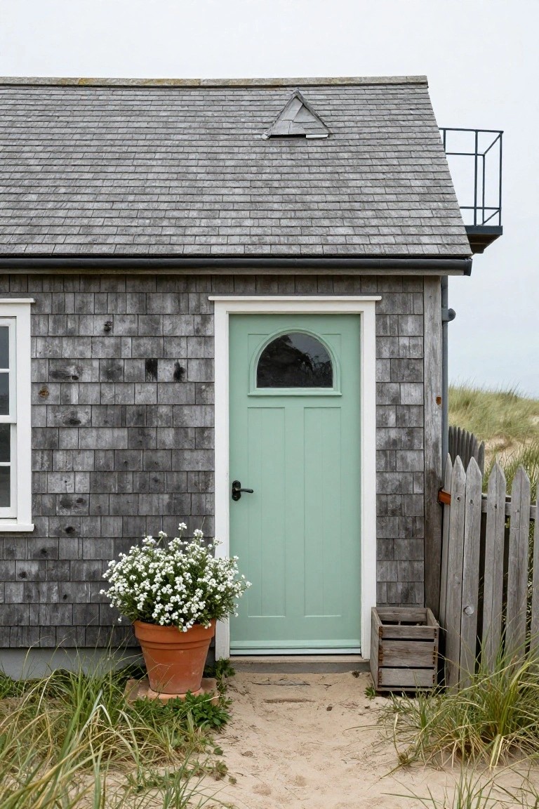 Small shingle-clad cottage exterior with pale green paneled door featuring arched window, white-flowering plant in orange terracotta pot beside it, wooden crate, picket fence, and beach grass on sandy path.