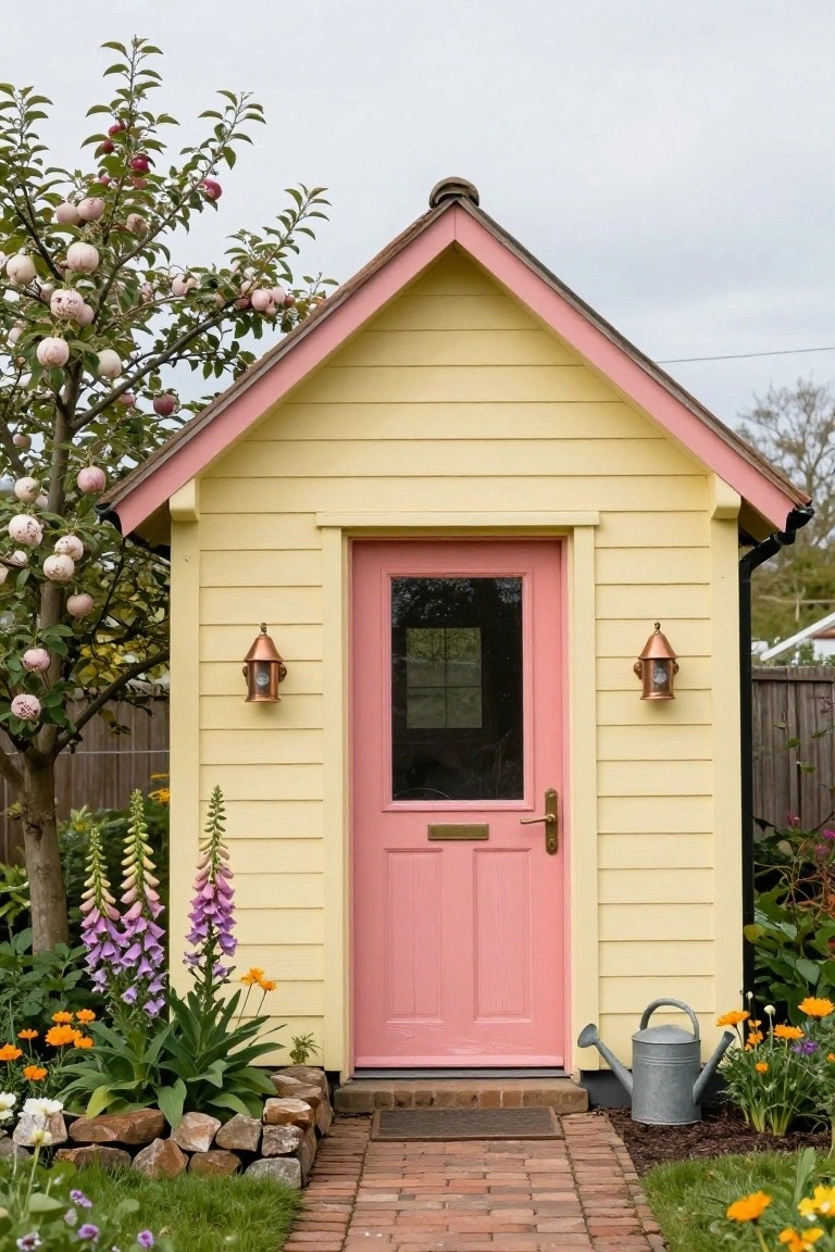 Small yellow clapboard garden shed with pink door, pink roof trim, copper wall lanterns, foxglove plants, watering can, brick path, and surrounding garden flowers and apple tree.