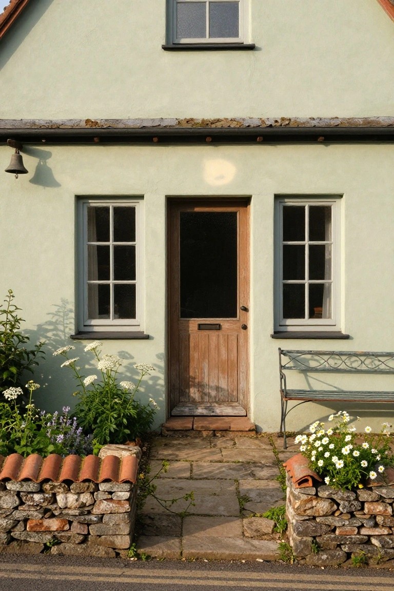 Front facade of a pale green cottage with central dark wooden door, two sash windows, wall lantern, bench, flower beds, stone walls, and tile-capped edging along a path.