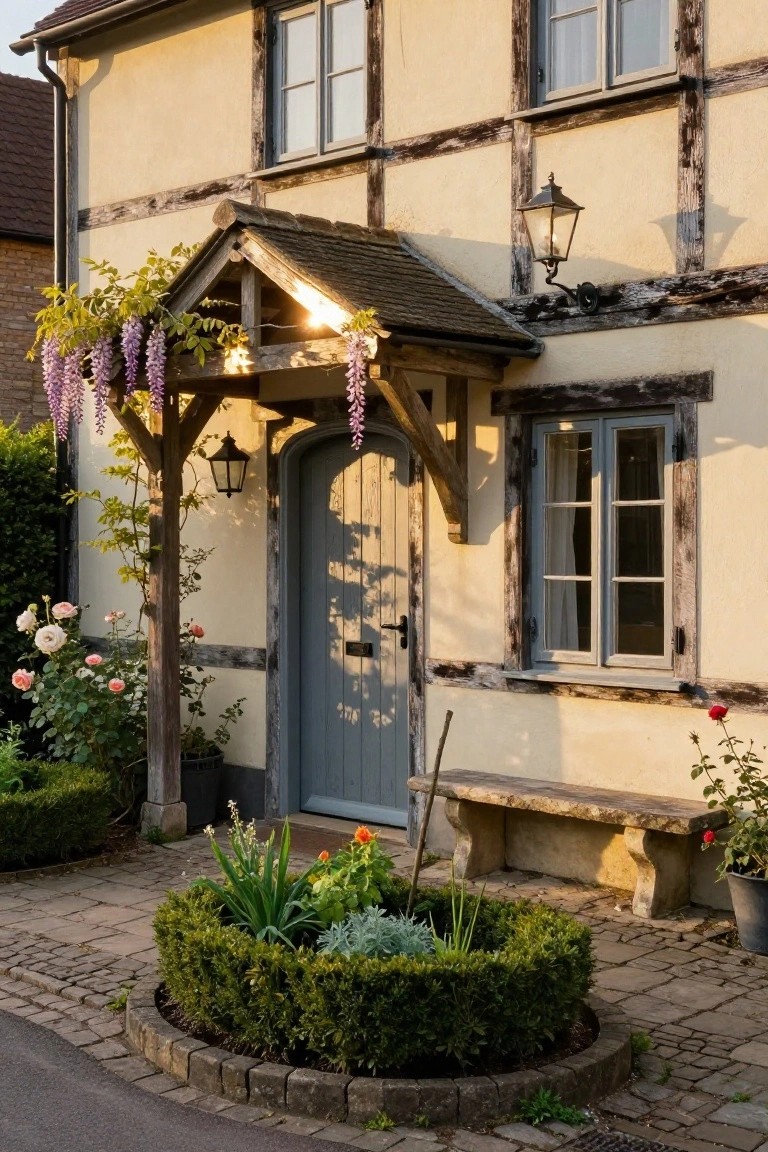 Half-timbered yellow cottage with a gray arched door under a gabled wooden porch covered in purple wisteria vines, flanked by lanterns, rose bushes, a stone bench, and a circular boxwood hedge on a cobblestone path.