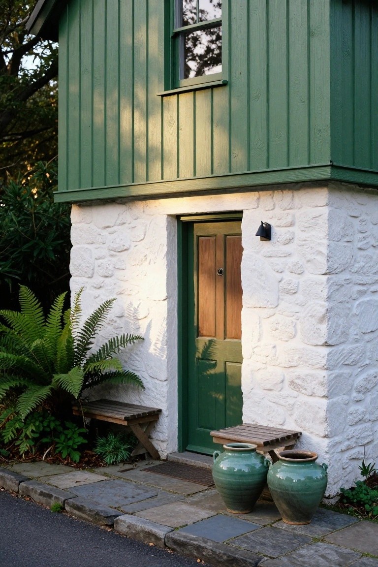 Green clapboard cottage with white stone base, green front door, large green ceramic pots, ferns, wooden bench, and slate path in front.