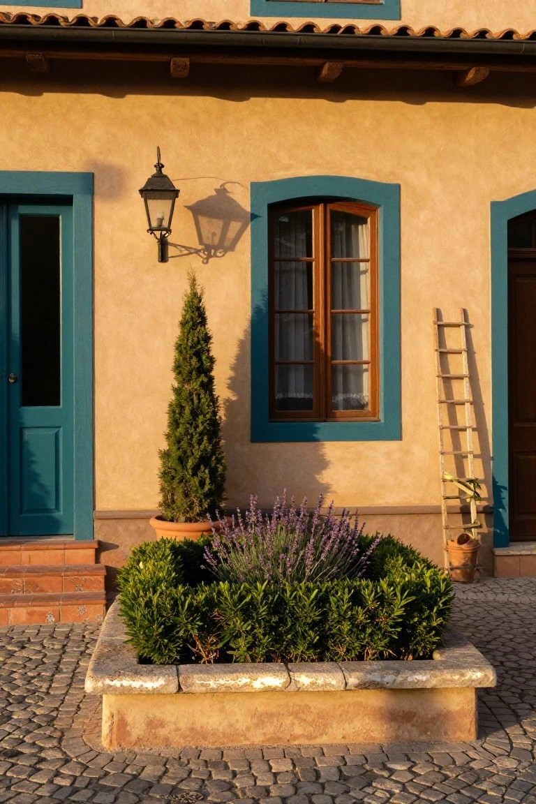 Ochre stucco house facade with turquoise doors and arched window frames, wooden ladder leaning nearby, potted cypress tree, lavender plants, and boxwood hedge in raised stone planter on cobblestone path.