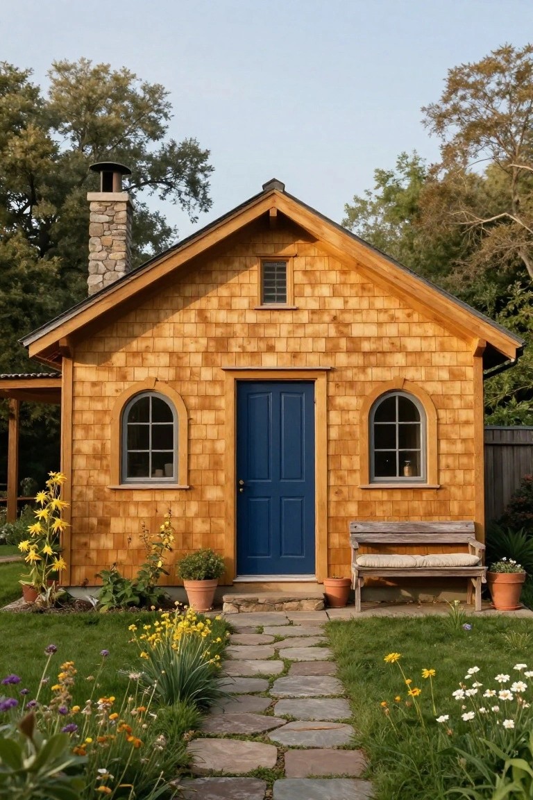 Small one-story cottage with golden wood shingle siding, blue front door, arched windows, stone chimney, flagstone path to entry, wooden bench, potted plants, and colorful garden flowers in front yard.