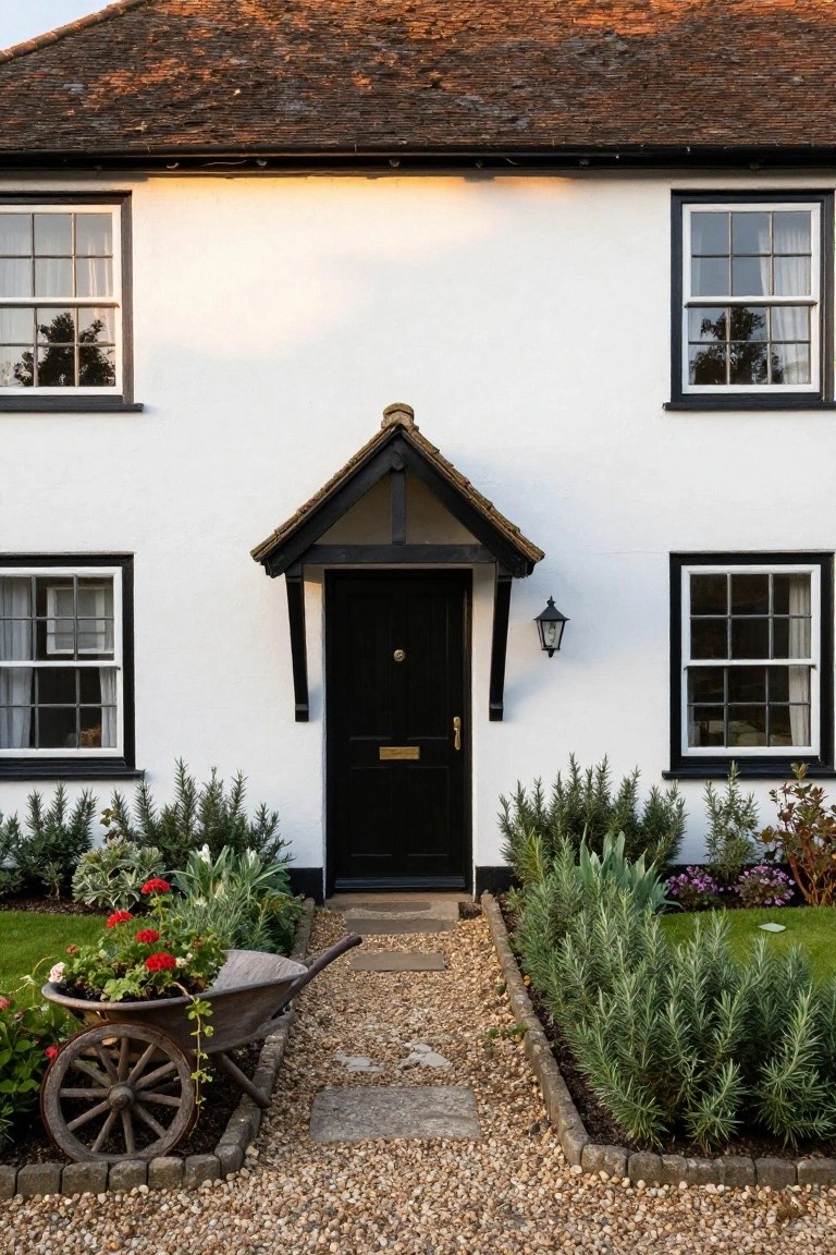 White rendered cottage with black timber framing around windows and door, a small gabled porch over the black front door, gravel path, wheelbarrow of red geraniums, and lavender shrubs in the front garden.