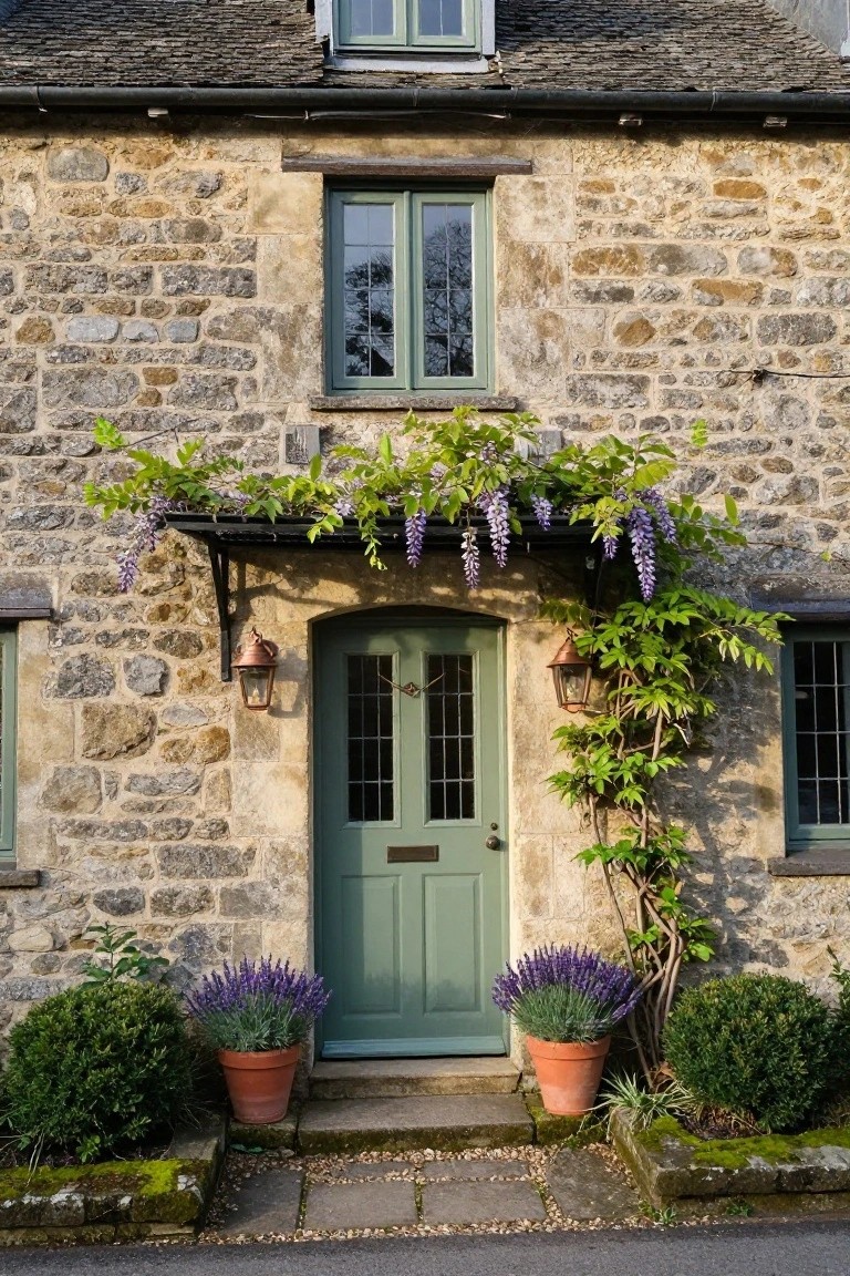 Stone cottage facade with green double door, wisteria vine draped over a black metal trellis above the entrance, flanked by copper lanterns, and terracotta pots of lavender on stone steps.