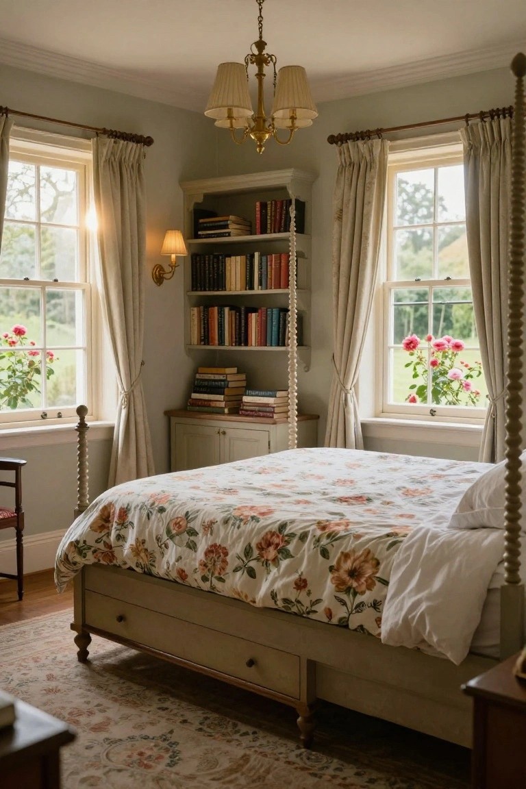 A light green bedroom with a white four-poster bed covered in floral bedding, built-in wooden bookshelves filled with books on three sides of the bed, large curtained windows showing roses outside, and a chandelier overhead.