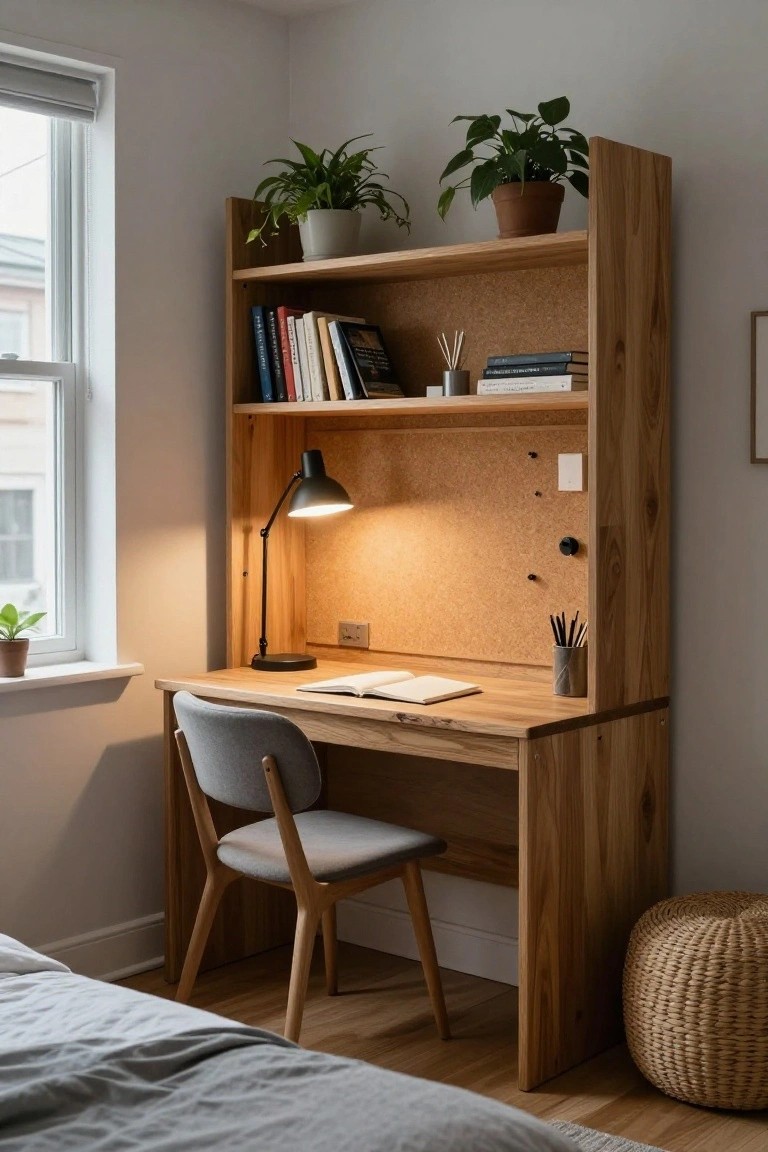 Wooden desk unit with open shelves above holding books and plants, corkboard backing, desk lamp, open notebook, pens, and gray chair in a light bedroom corner next to a bed.