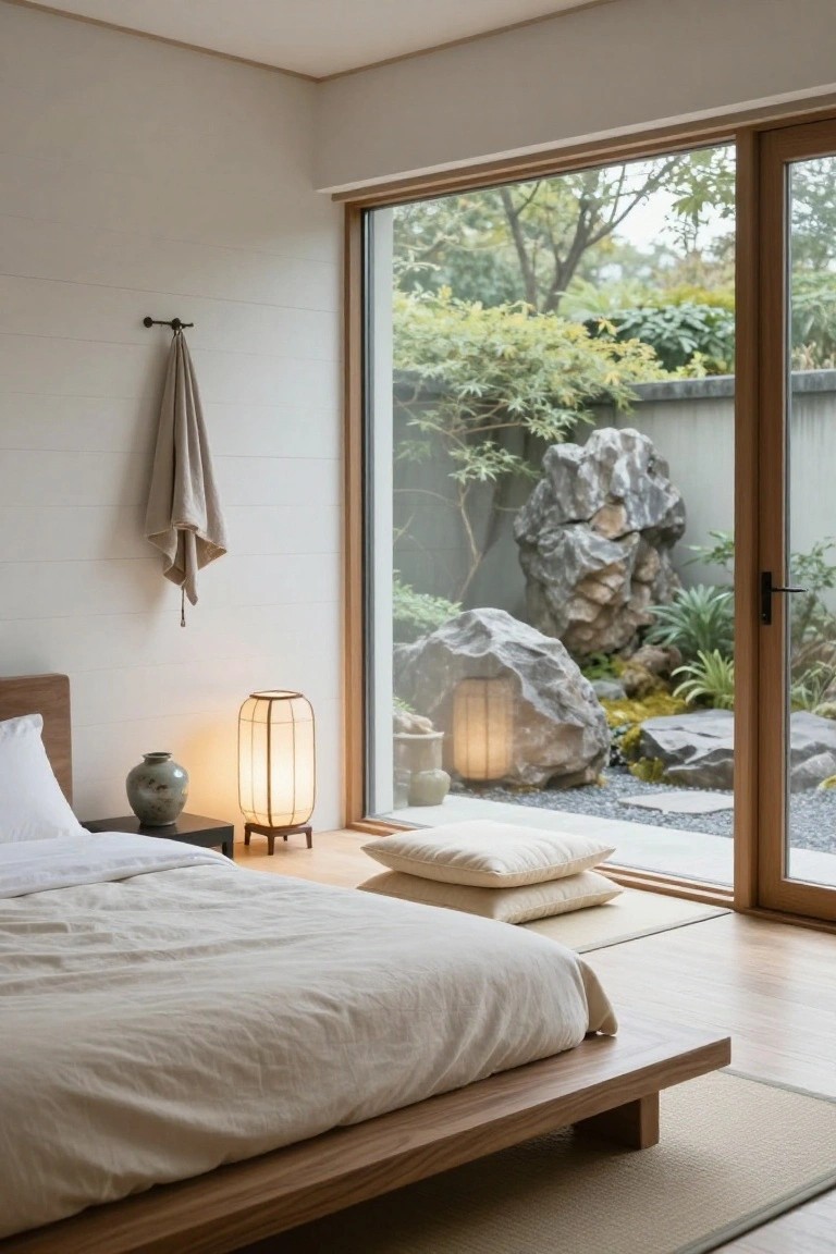 Minimalist bedroom featuring low wooden platform bed with white linens, ceramic vase, paper lanterns, hanging towel on white walls, and large wooden-framed sliding glass doors open to adjacent Japanese-style rock garden with boulders, moss, ferns, and gravel.