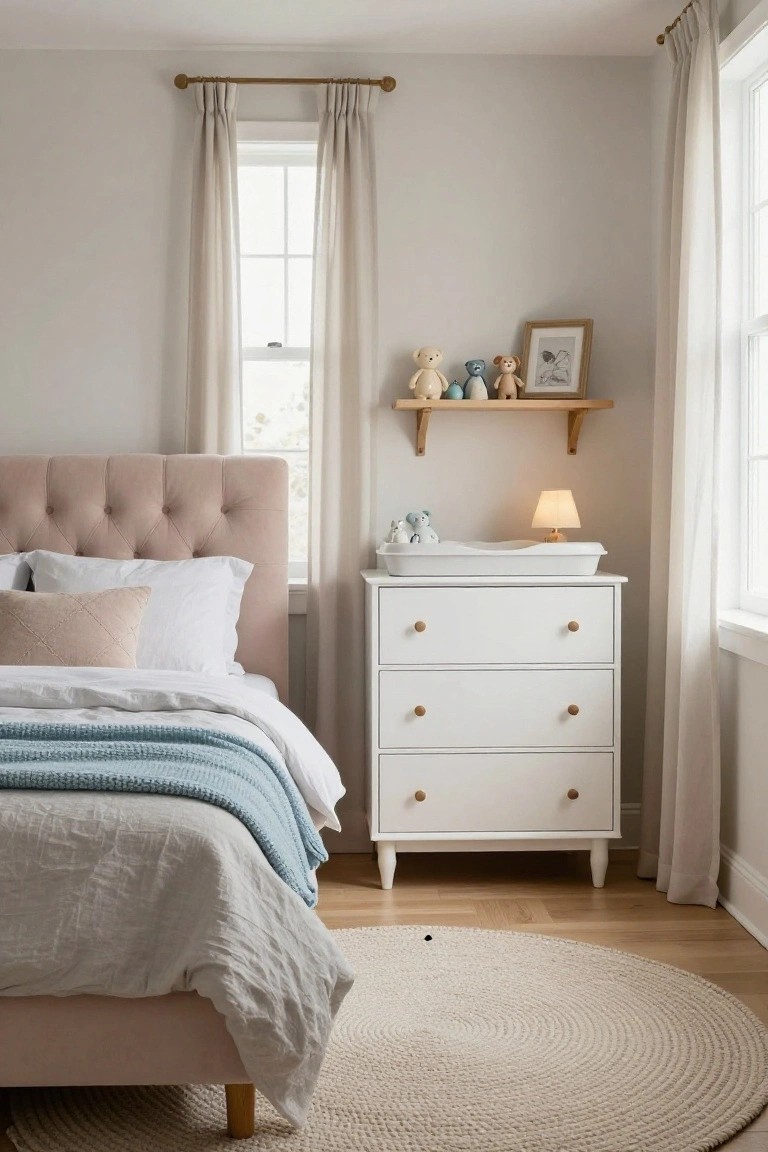 Nursery bedroom with blush pink tufted bed, white dresser topped with changing pad and lamp, shelf holding stuffed teddy bears, neutral bedding, and seagrass rug on wood floor.