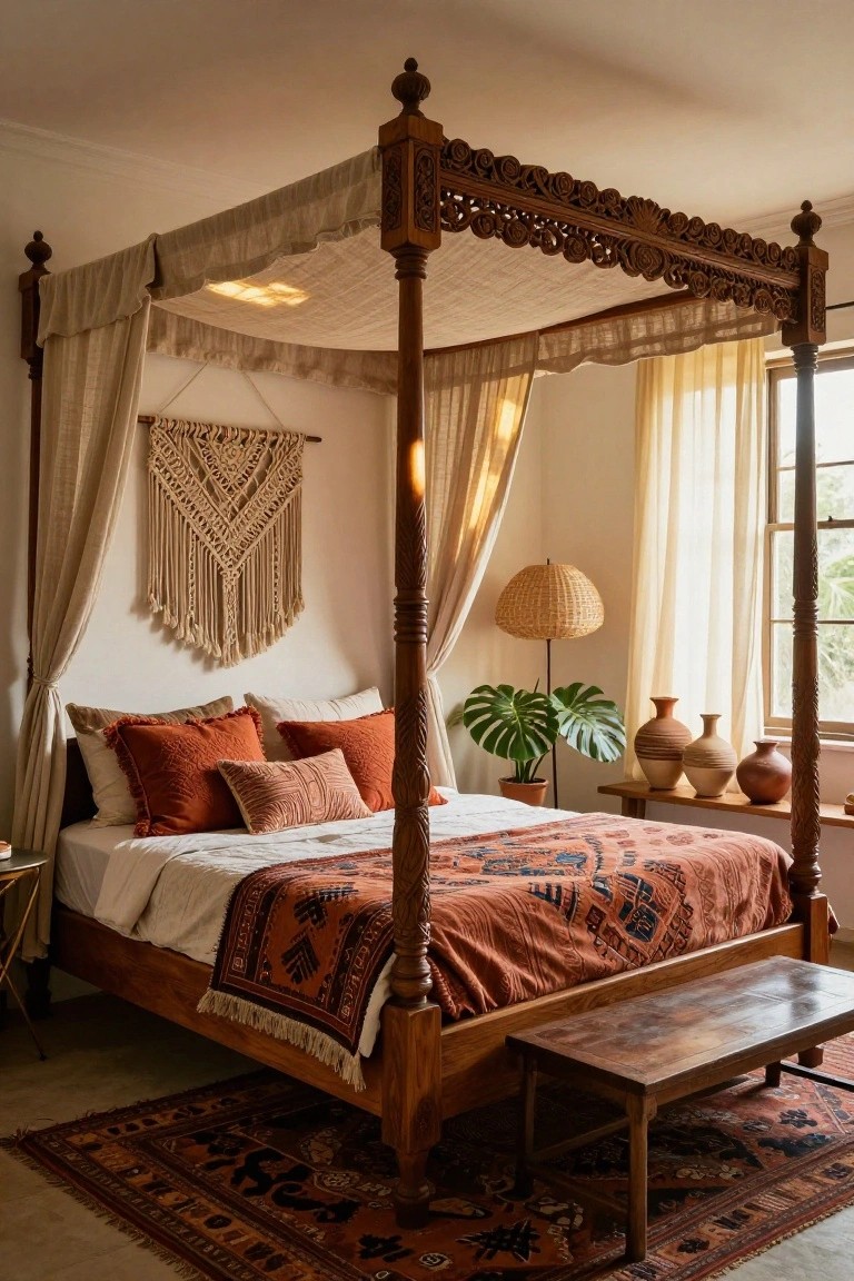 Bedroom interior with dark wood four-poster bed draped in beige canopy fabric, terracotta patterned bedding and throw, macrame wall hanging, potted monstera plant, ceramic pots, rattan lamp, bench, and woven rug on wood floor.