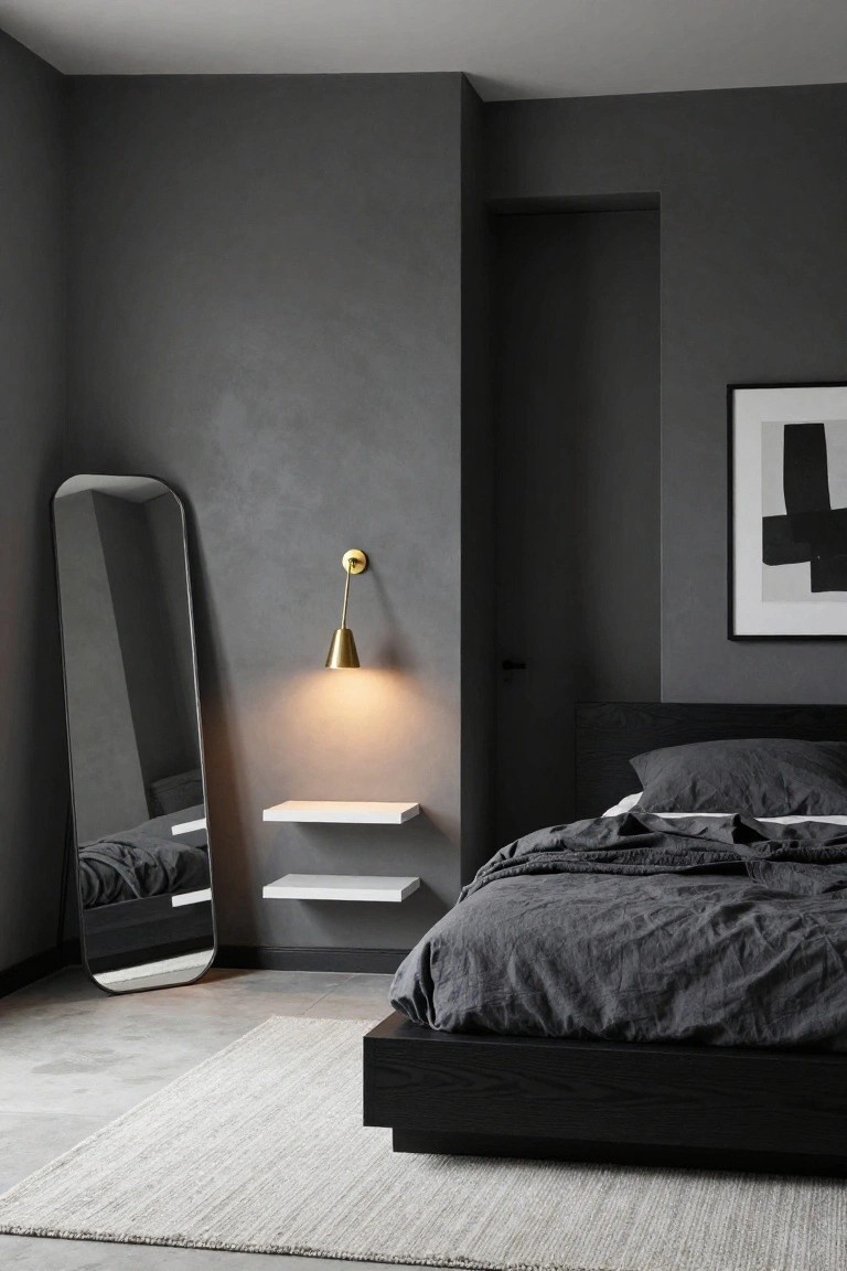 A modern bedroom with textured charcoal gray walls, tall oval mirror, white floating shelves, brass wall sconce lamp, black platform bed with rumpled gray linens, and light seagrass rug on concrete floor.