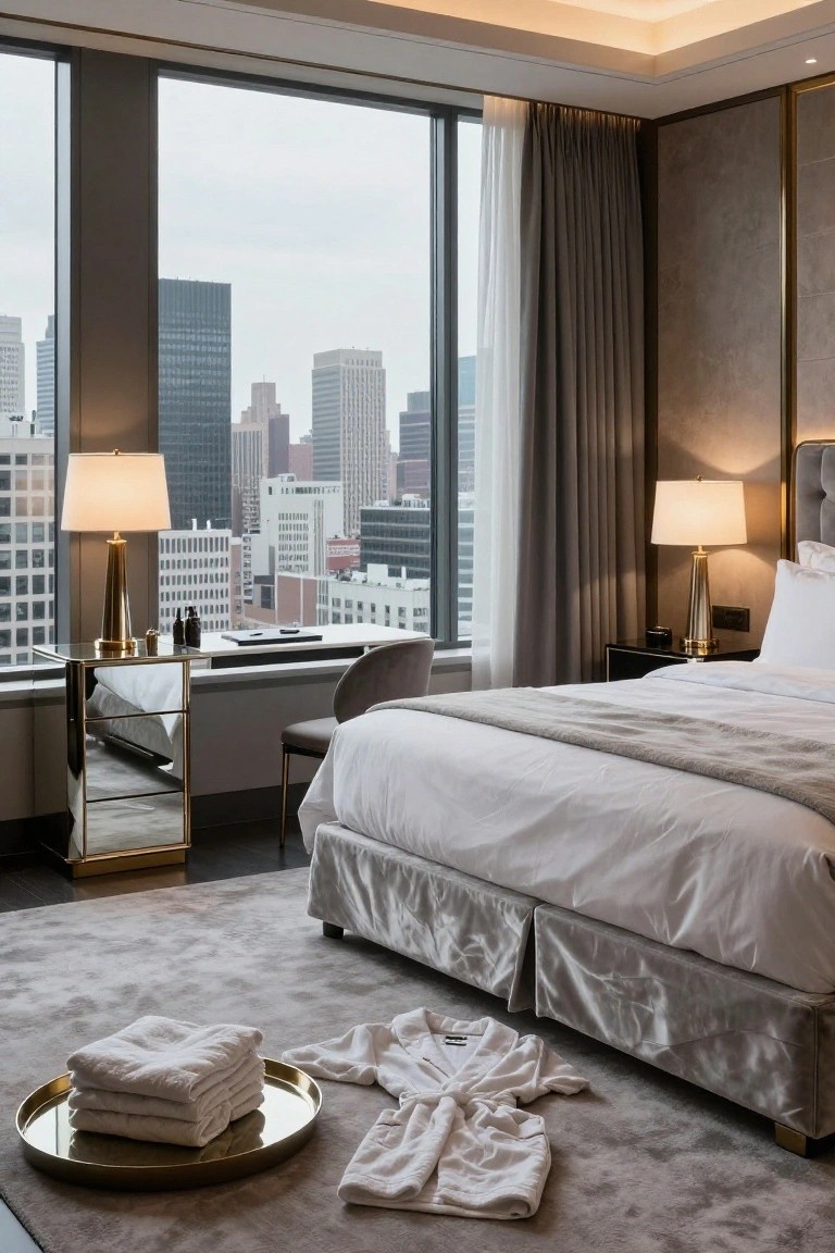 Luxury high-rise bedroom with floor-to-ceiling windows overlooking city skyline, plush white king bed with gray throw and velvet skirt, brass lamps on nightstands, glass desk, and white robes with towels on gold tray on gray carpet.