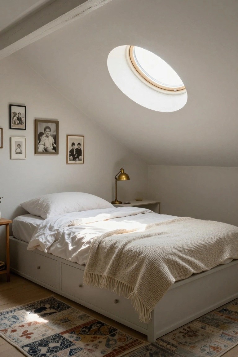 Sunlit attic bedroom with sloped white ceilings and round skylight, white platform bed with rumpled sheets and knit throw, gold lamp on nightstand, framed black-and-white photos on walls, and patterned rug on wood floor.