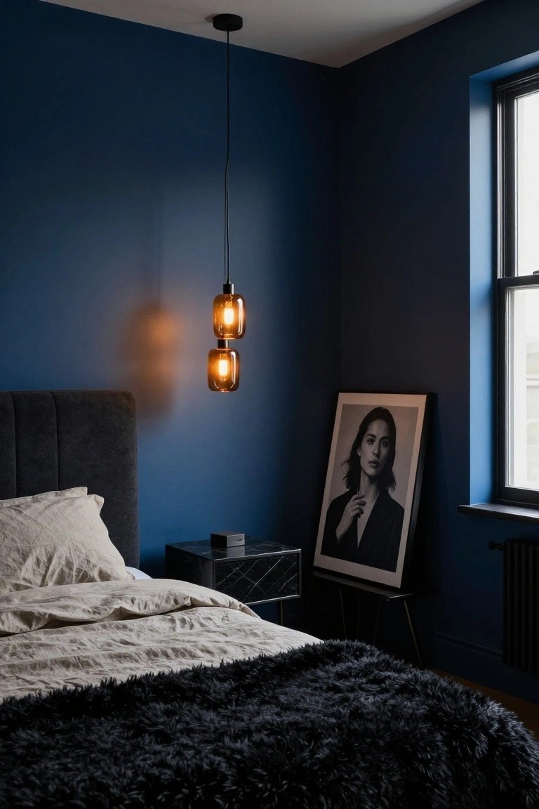 Bedroom corner with deep blue walls, gray upholstered bed with white sheets and black fur throw, black marble bedside table, large black and white portrait on floor easel, double amber glass pendant light hanging from ceiling, and window with black frame next to black radiator.