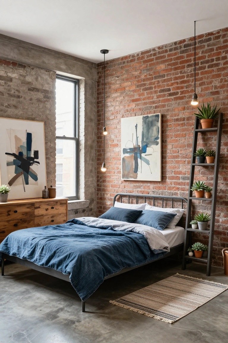 A bedroom with exposed brick walls, concrete ceiling and floor, metal bed frame with navy blue bedding, wooden dresser, ladder shelf holding potted plants, abstract artwork, and pendant lights.