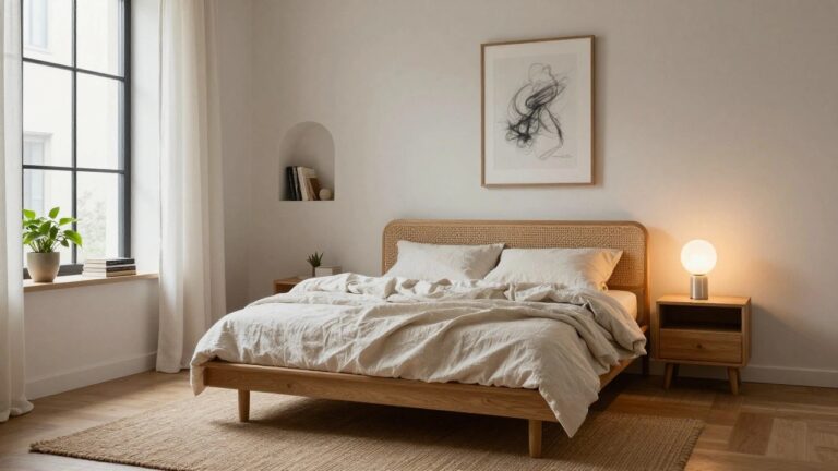 24 Relaxing Bedroom Ideas A minimalist bedroom with a low oak platform bed featuring rattan headboard and white linen bedding, seagrass rug on oak floor, sheer curtains on black-framed windows, wooden bookshelves, nightstand with white lamp, and potted plant.