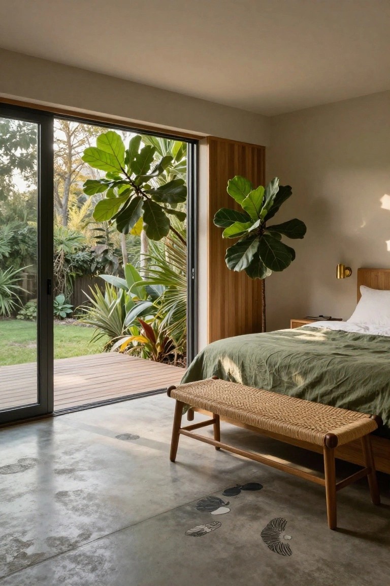 Modern bedroom with green bed linens, wooden bed frame, rattan bench on polished concrete floor, large potted fiddle leaf fig plants, and floor-to-ceiling sliding glass doors open to tropical garden and wooden deck.