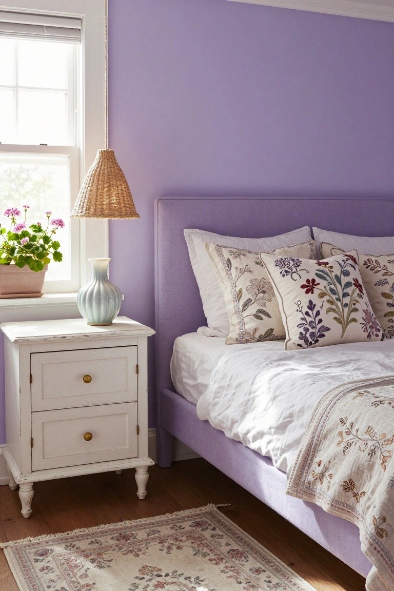 A bedroom featuring soft lavender walls and matching upholstered headboard, white bed with floral pillows and linens, white nightstand holding a wicker lamp, blue vase, and potted geraniums by a window, with a patterned rug on wood floors.