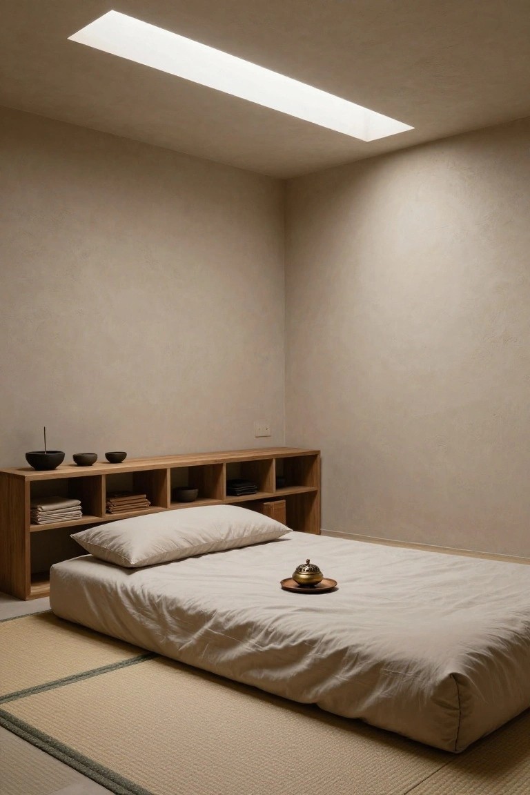 Minimalist beige bedroom with low white futon bed on green-edged tatami mats, wooden shelves holding ceramics and linens, incense burner on bed, and overhead skylight.