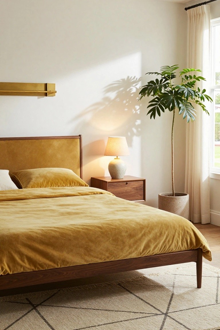 Bedroom with mustard yellow velvet duvet, pillows, and upholstered headboard on a walnut wood bed frame, wooden nightstand holding a ceramic lamp, tall potted palm plant, gold wall shelf, sheer curtains on window, and light rug on wood floor.