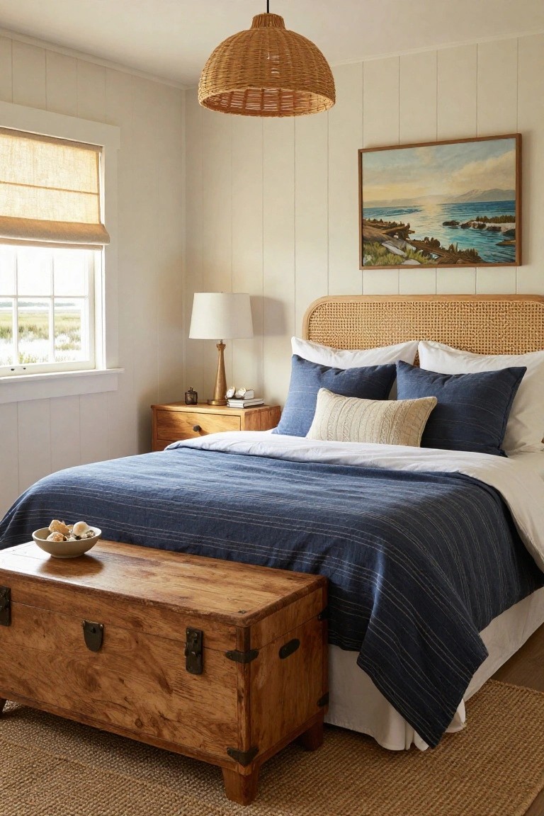 Cozy bedroom with rattan headboard on a bed draped in navy plaid bedding, wooden trunk at the foot, white shiplap walls, wooden nightstand with lamp, rattan pendant light overhead, and window with marsh view.