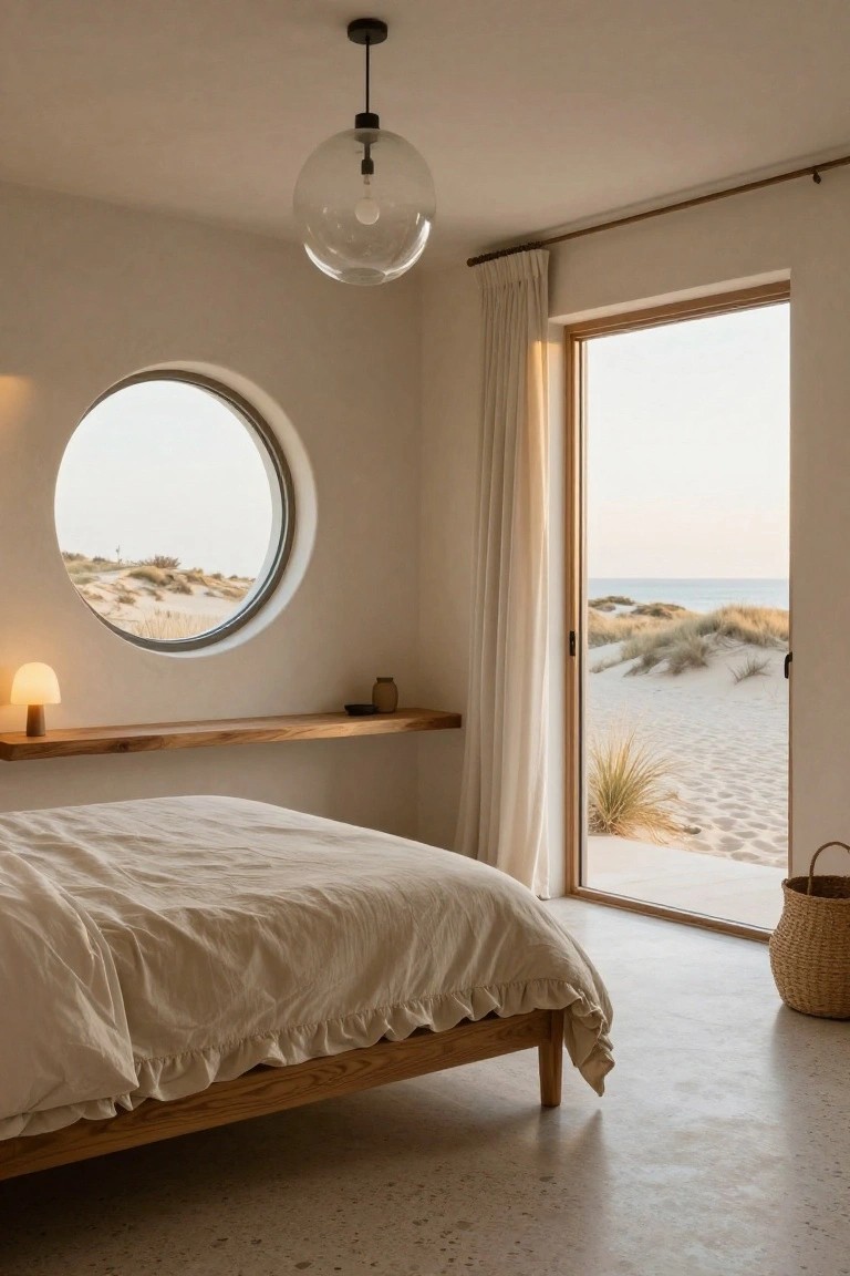 Minimalist bedroom with white walls, round window showing sand dunes and ocean, wooden floating shelf with lamp and vase, low wooden bed with beige linens, open sliding glass door to beach, and woven basket on concrete floor.