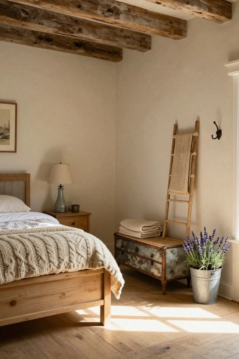 Cozy bedroom interior with exposed rustic wooden beams on the ceiling, wooden bed draped in white linens and knitted blanket, bedside table with lamp, wooden chest topped with lavender plant in metal bucket, ladder holding folded towels, and wooden floors bathed in soft light from a window.