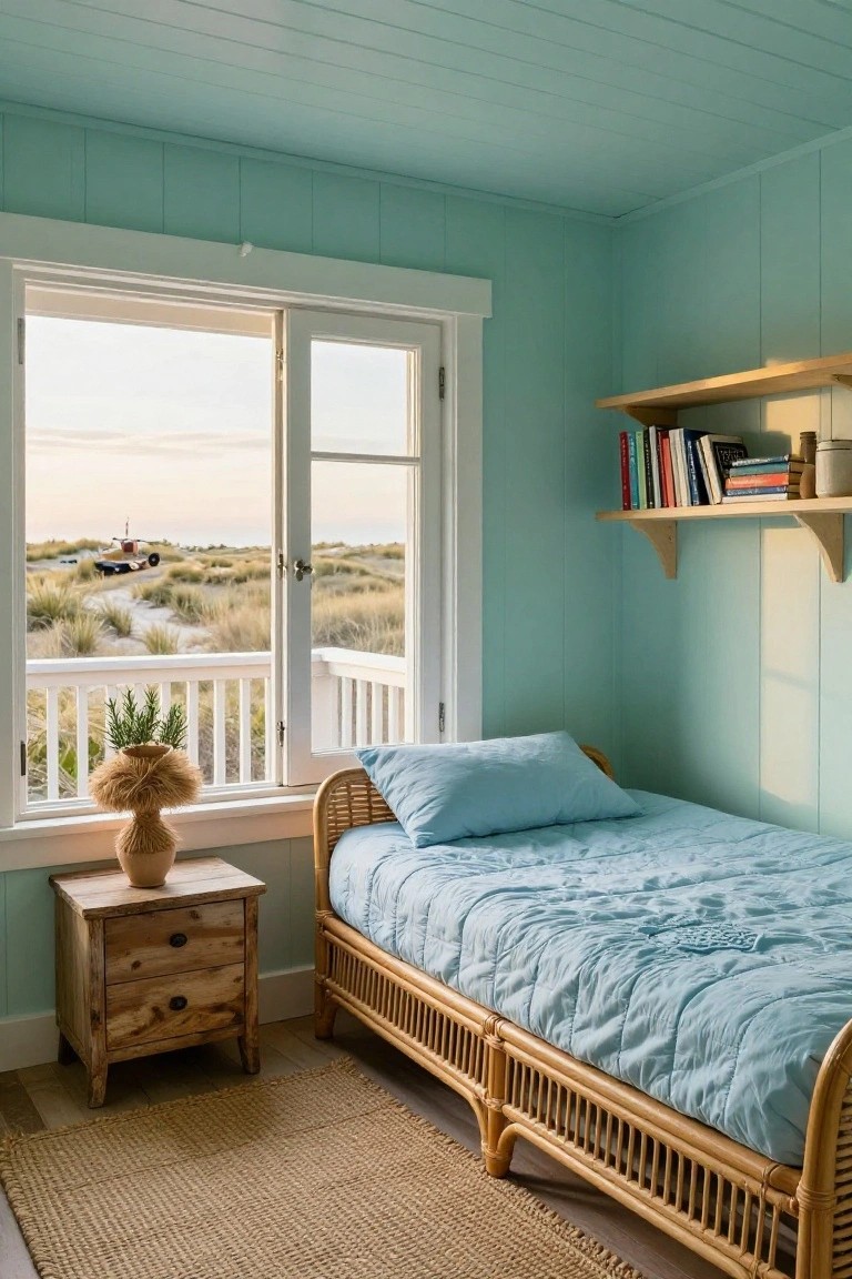 Light turquoise wood-paneled bedroom with rattan daybed covered in blue quilt, wooden nightstand with fiber plant pot, floating wooden shelf holding books and vase, and large open white windows overlooking beach dunes path and distant vehicle.