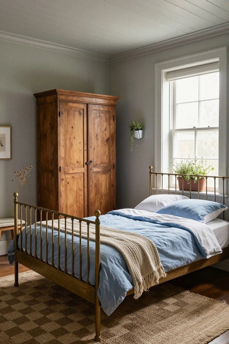 A light gray bedroom corner with a tall wooden armoire, brass bed frame covered in blue linens and a cream throw, plants on the windowsill and hanging nearby, and a checkered seagrass rug on wood floors.