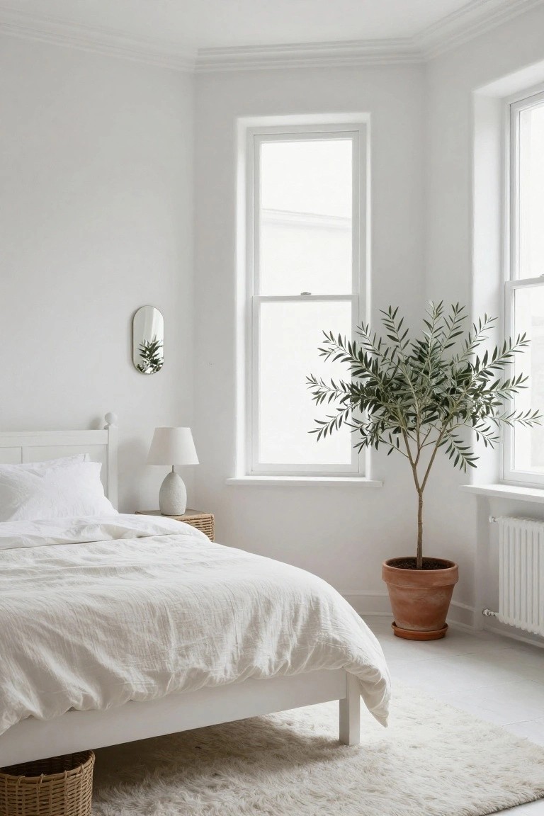 White Bedroom with Tall Olive Tree