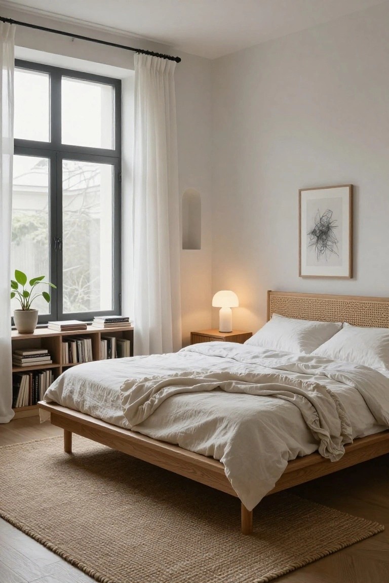 A minimalist bedroom with a low oak platform bed featuring rattan headboard and white linen bedding, seagrass rug on oak floor, sheer curtains on black-framed windows, wooden bookshelves, nightstand with white lamp, and potted plant.