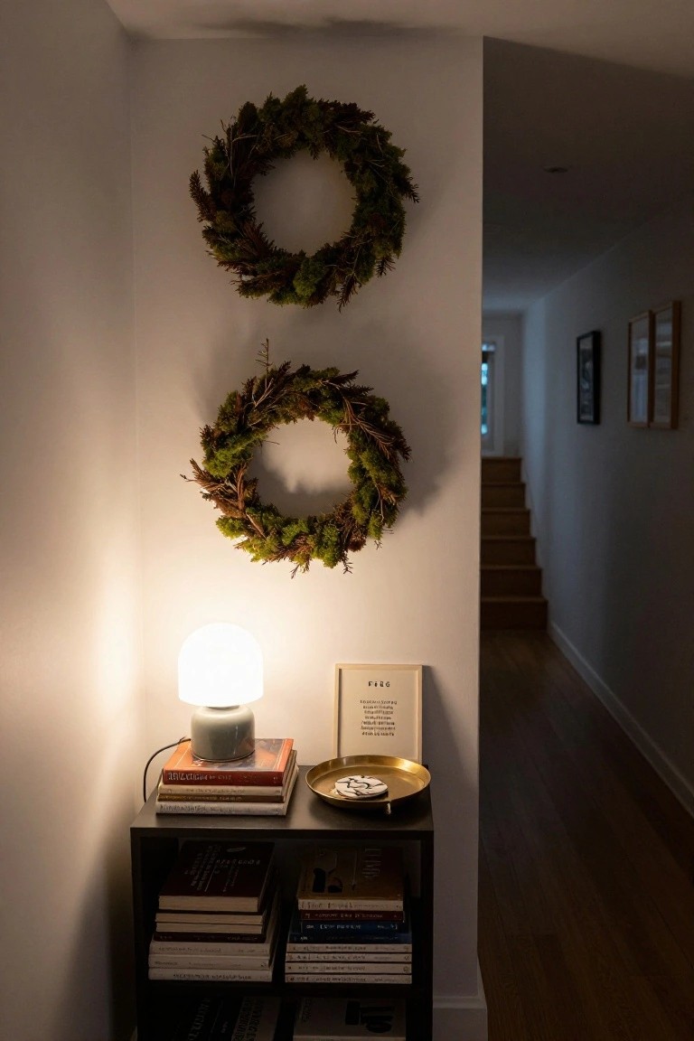 Corner of an indoor hallway with two green moss wreaths hanging vertically on a white wall above a black shelving unit holding stacked books, a white lamp on top with books and a gold dish, next to wooden stairs.