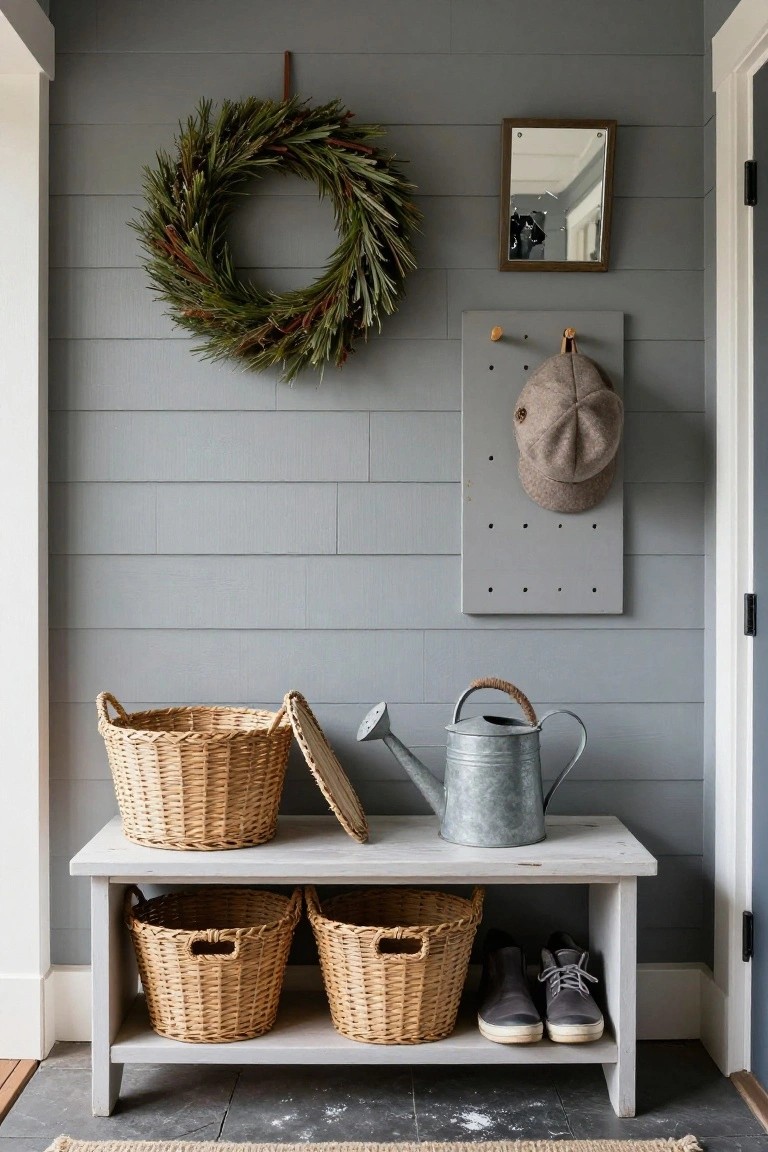 Gray shiplap wall in an entryway with a large natural green wreath, small wood-framed mirror, gray pegboard holding a beige hat, two wicker baskets on the floor next to a metal watering can, and a whitewashed wooden bench holding two more baskets underneath with black shoes inside.