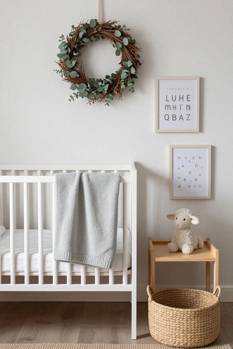 White crib with gray knit blanket in a light-walled nursery, eucalyptus wreath hanging on wall above crib, two framed prints, stuffed white sheep on wooden side table, and woven basket on wood floor.