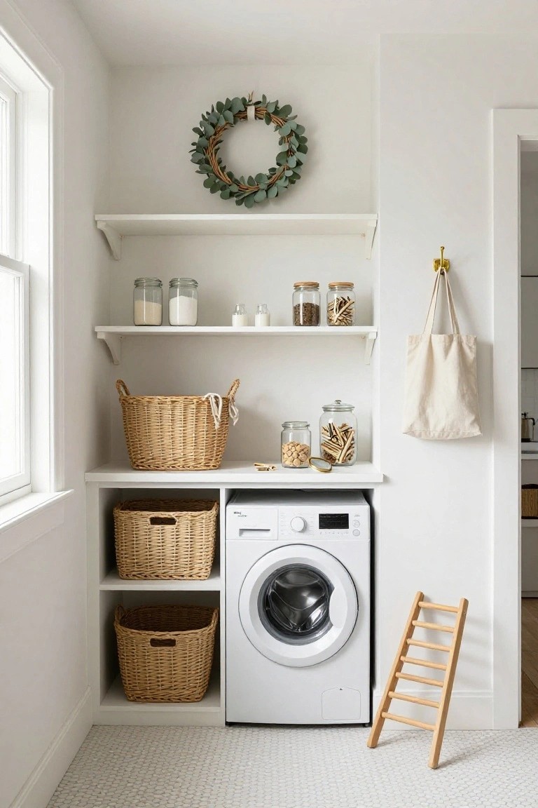 White laundry room interior with front-loading washer, open wooden shelves holding glass jars and woven baskets, canvas tote on a hook, eucalyptus wreath on wall, and small wooden step stool on tiled floor.