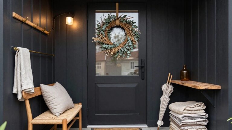 Black interior door with a wreath of dried eucalyptus and wheat hung by a beige ribbon, next to a rattan bench with a white pillow, a striped vase, amber bottle, gold hooks, and stacked towels on a wooden shelf.