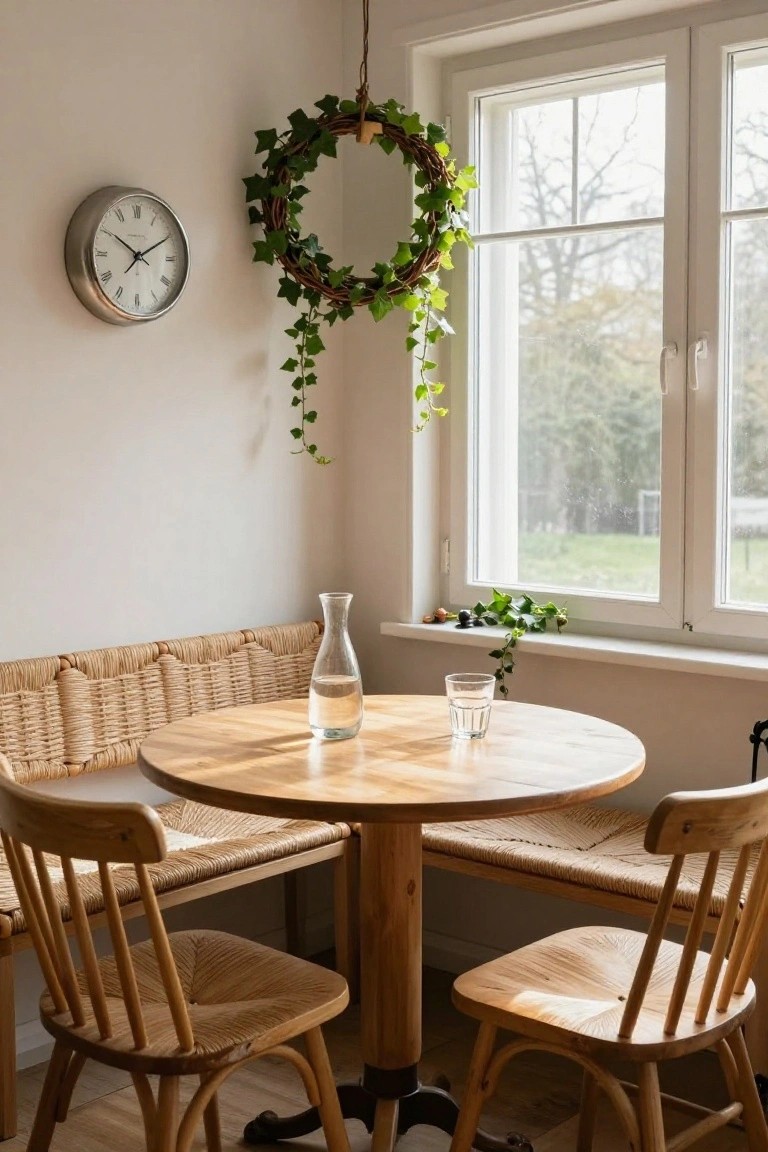 Cozy kitchen nook featuring a round wooden table with rattan chairs and bench seat, glass carafe and tumbler on table, ivy wreath on white wall near large window, wall clock, and trailing plants.