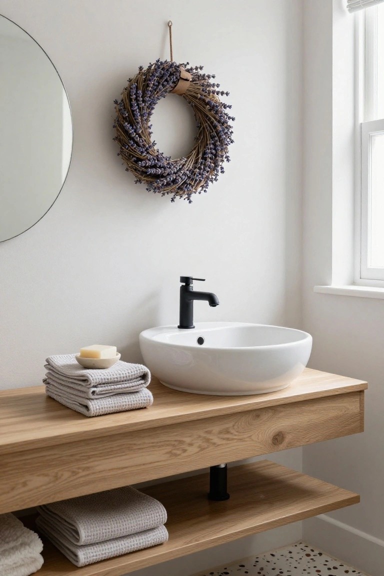 Minimalist bathroom with white walls, round frameless mirror, dried lavender wreath hanging beside it, oak floating vanity with white vessel sink and black faucet, stacked gray towels, soap dish, and lower shelf with more towels.