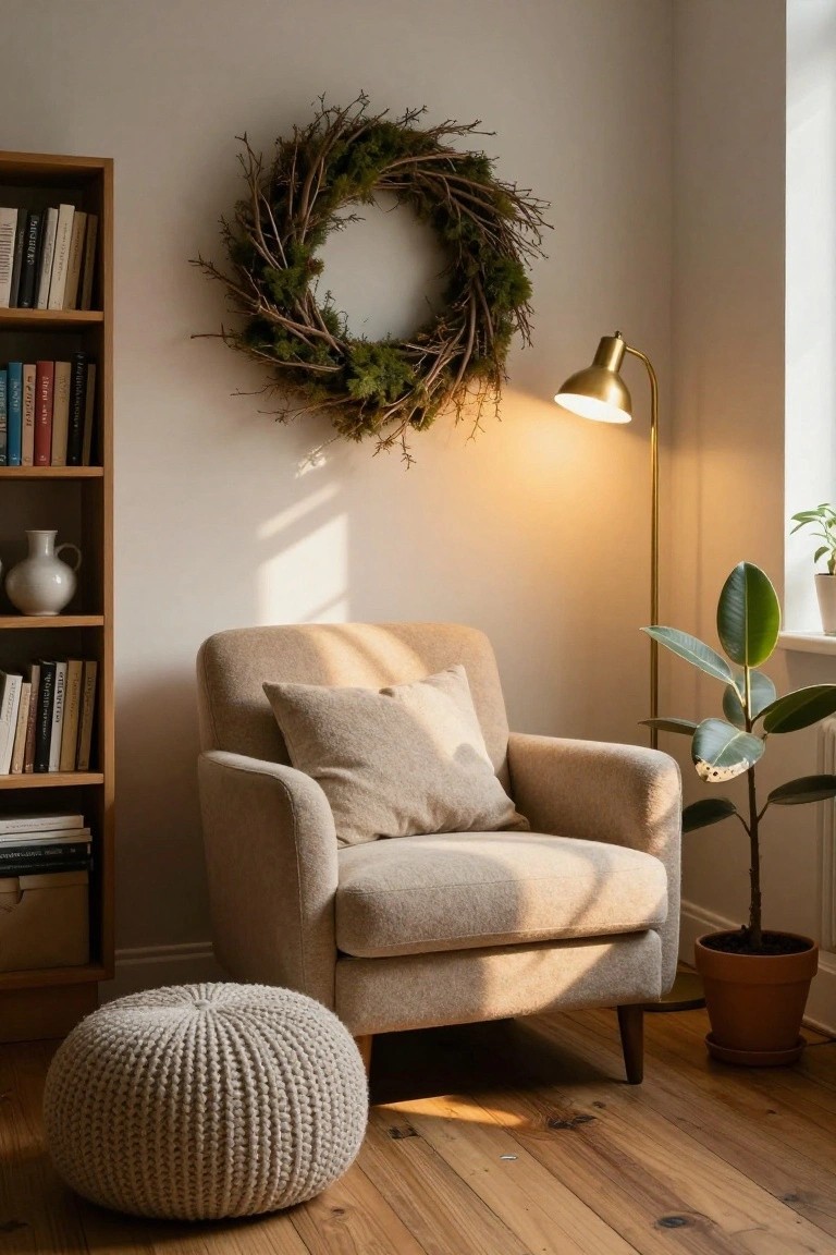 Beige armchair with cream cushions and matching knit pouffe in a sunlit room corner, moss and twig wreath on white wall, wooden bookshelves with books and vase, gold arc floor lamp, potted plants, and hardwood floors.