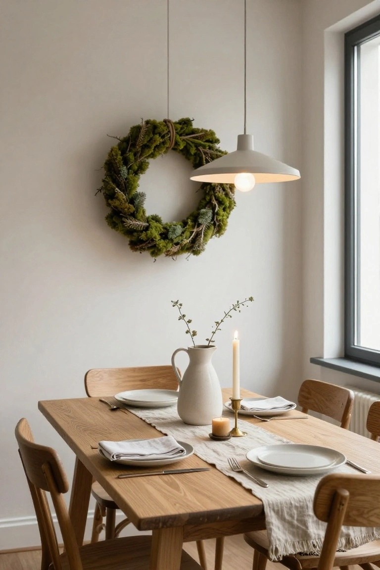 A light-walled dining area with wooden table and chairs, set with white plates, linen napkins, a cream jug of eucalyptus and candle, and a large preserved moss wreath hanging on the wall under a white pendant light next to a window.