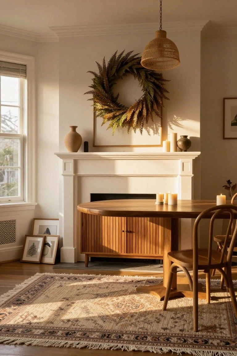 Interior room featuring a large dried fern wreath on the wall above a white fireplace mantel with candles, a round wooden table with chairs on a beige rug, ceramic vases on shelves, and natural light from a side window.