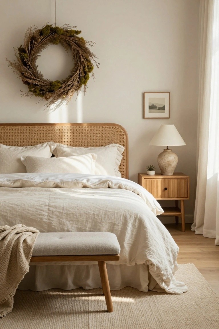 Bedroom with rattan headboard, white linen bedding, wooden nightstand with lamp and plant, bench at foot of bed, and large dried grass and moss wreath on beige wall above bed.