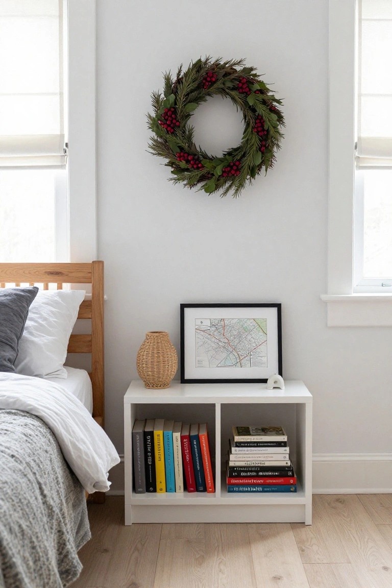Bedroom corner with wooden bed frame, white bedding and gray throw, white nightstand holding stacked books, woven basket vase, framed map, and small white sculpture, natural evergreen wreath with berries on white wall near two curtained windows, light wood floor.