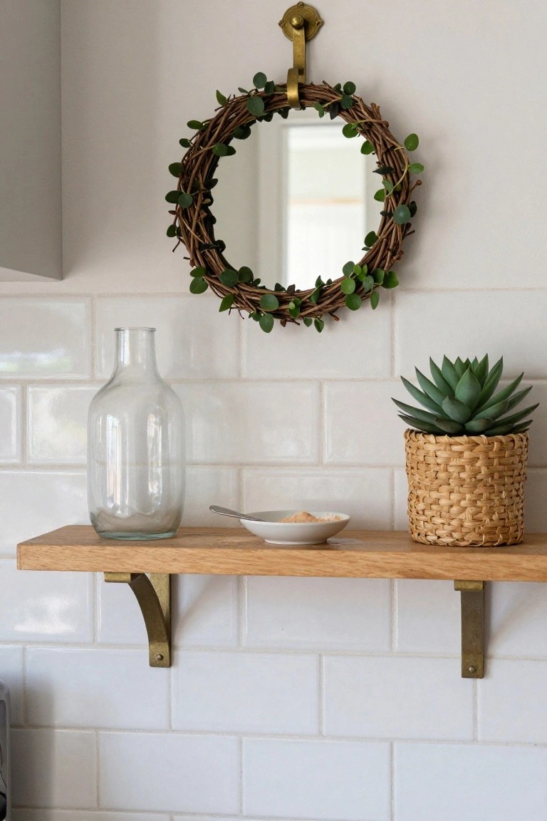 Natural Wreath Mirror Above Open Shelves
