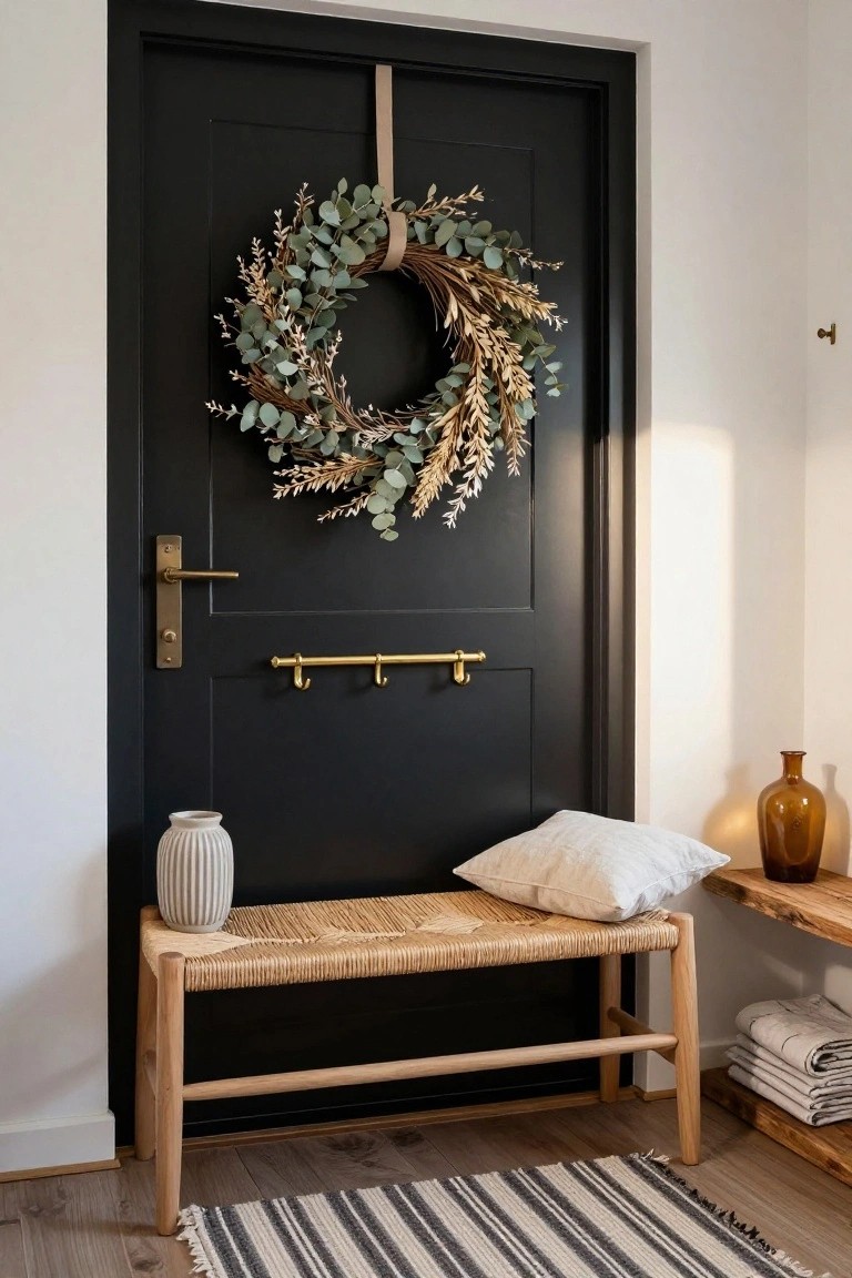 Black interior door with a wreath of dried eucalyptus and wheat hung by a beige ribbon, next to a rattan bench with a white pillow, a striped vase, amber bottle, gold hooks, and stacked towels on a wooden shelf.