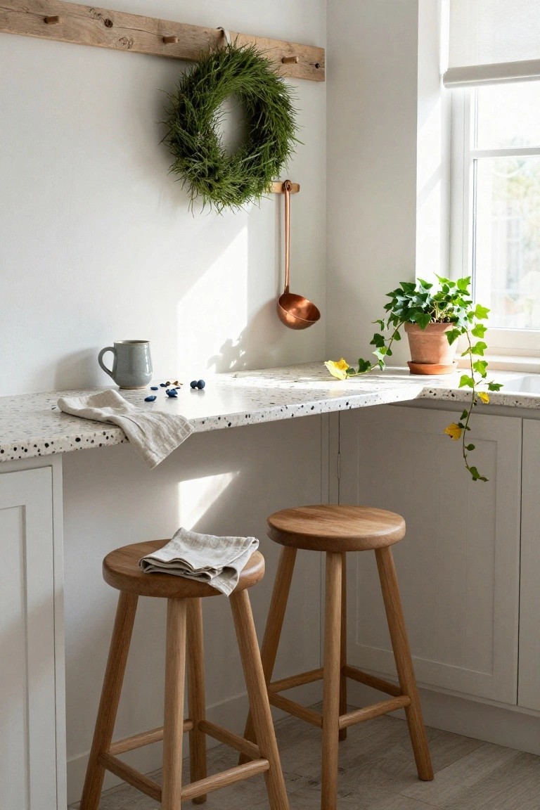 Corner kitchen with white cabinets, speckled white countertop, two wooden stools with linen cloths, green wreath on wooden peg rail, copper ladle, gray mug, blueberries, and potted ivy plant near window.