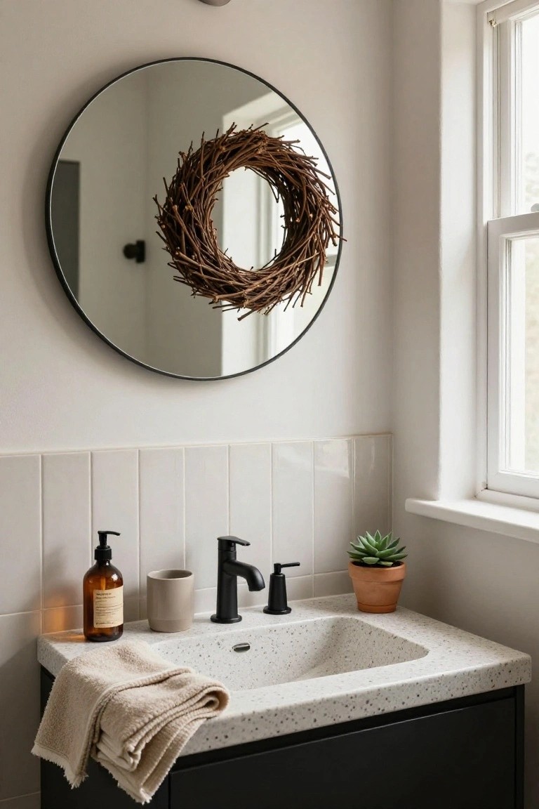 Round black-framed mirror with brown twig wreath above speckled white sink, black faucet, lotion dispenser, beige mug, small succulent in terracotta pot, folded beige towels on black vanity cabinet, white subway tile wall, window, in bathroom.