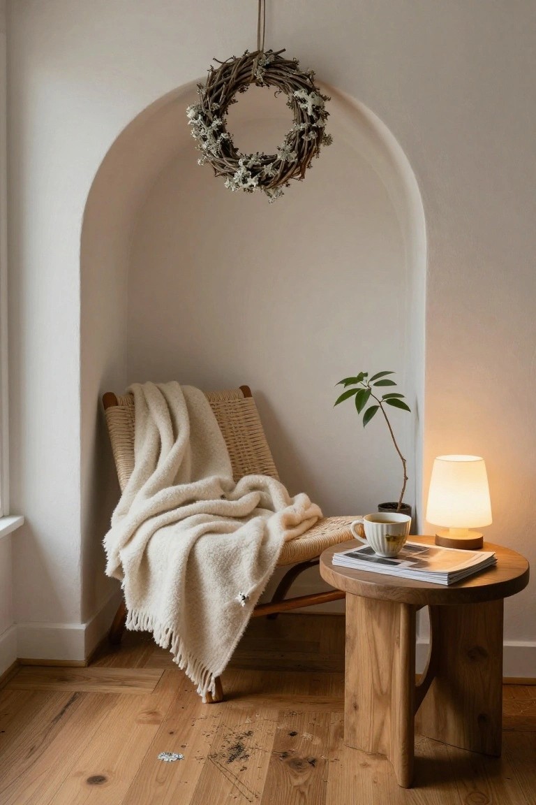 White arched alcove with a twig and dried flower wreath hanging above a rattan chair draped in a white blanket, next to a wooden side table holding a mug, magazine, lamp, and potted plant on light wood floors.